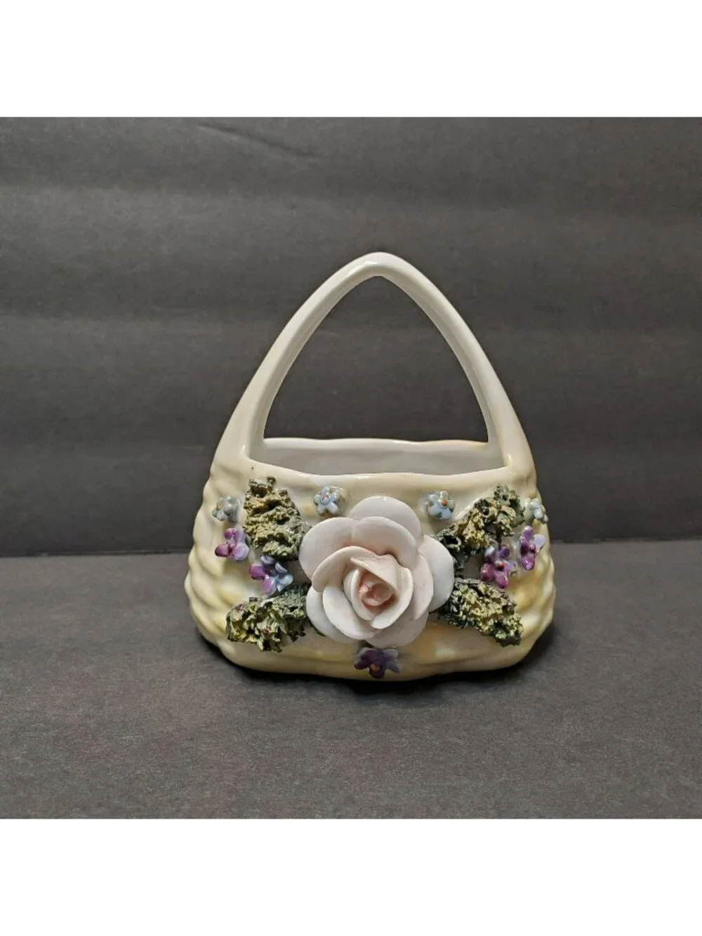 Vintage German Elfinware Porcelain Basket Mossware Miniature Floral Trinket Dish